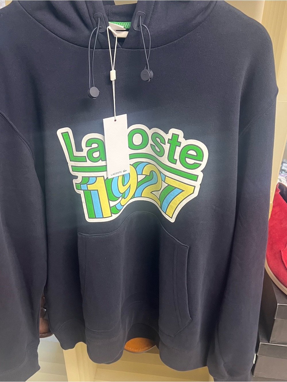 Lacoste Men's Navy Graphic Hoodie - Navy with Green/Yellow Print